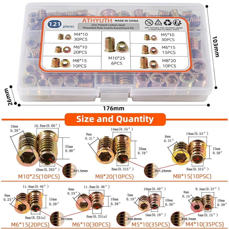 ATHYUTH Store Threaded Inserts for Wood, 121 Pieces Zinc Plated Steel Thread Insert Nuts Assortment kit for Hardwoods, Hex Socket Flanged Threaded Wood Inserts M4 M5 M6 M8 M10 Screw Inserts for Wooden Furniture - Image 2